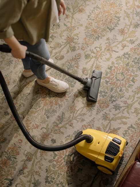A person wearing beige shoes, blue jeans, and a beige top is using a yellow vacuum cleaner with a black hose to perform surface cleaning on a traditional patterned area rug with floral motifs in muted colors. The vacuum cleaner is plugged into an outlet, and the person is moving the attachment across the rug, which appears clean and well-maintained. The room has soft lighting, highlighting the detailed design of the rug. This image demonstrates domestic cleaning practices suitable for maintaining hygiene and freshness in residential spaces, reflecting services offered by Belsize Park Carpet Cleaning, as featured on their website for carpet and surface cleaning in Eton Villas NW3, Belsize Park.