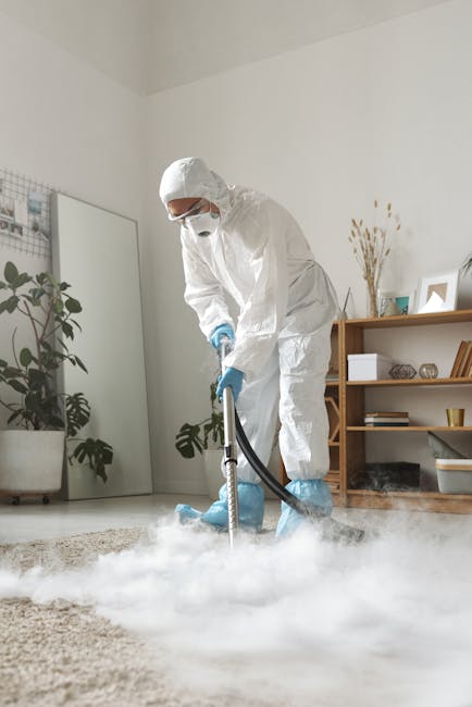 A woman using a yellow vacuum cleaner to perform surface cleaning and deep cleaning on a beige and floral patterned rug in a living room. The room features wooden flooring adjacent to the rug, a red leather sofa on one side, and natural light illuminating the space. The woman, dressed in casual attire with a beige jacket and white shoes, is focusing on removing dust and dirt from the rug. This image illustrates professional domestic cleaning services offered by Belsize Park Carpet Cleaning, showcasing the process of sanitisation and maintenance for home carpets in NW3, BELSIZE PARK.